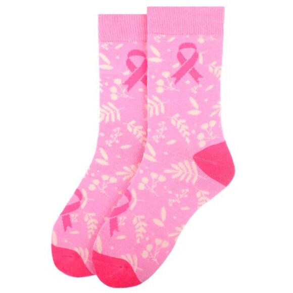 Two Tone Pink Ribbon & Leaves Cancer Awareness Crew Socks - Picture 3 of 3